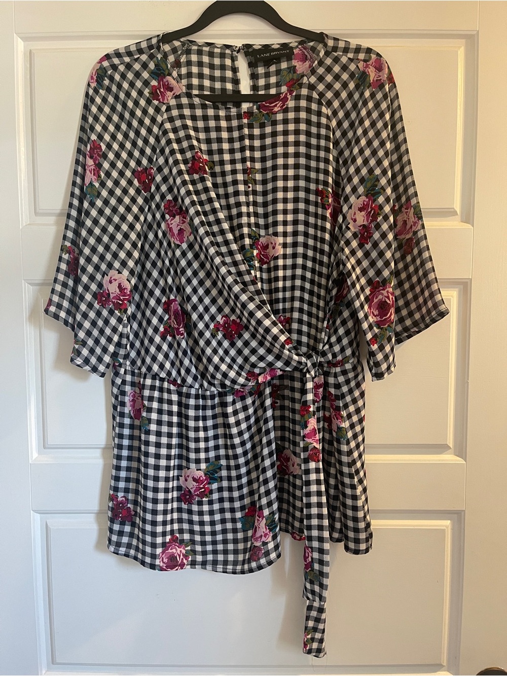 Lane Bryant Black & White Gingham Floral Wrap Top